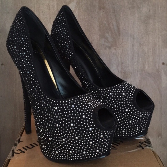 Black Studded Peep Toe Pumps - Picture 1 of 2